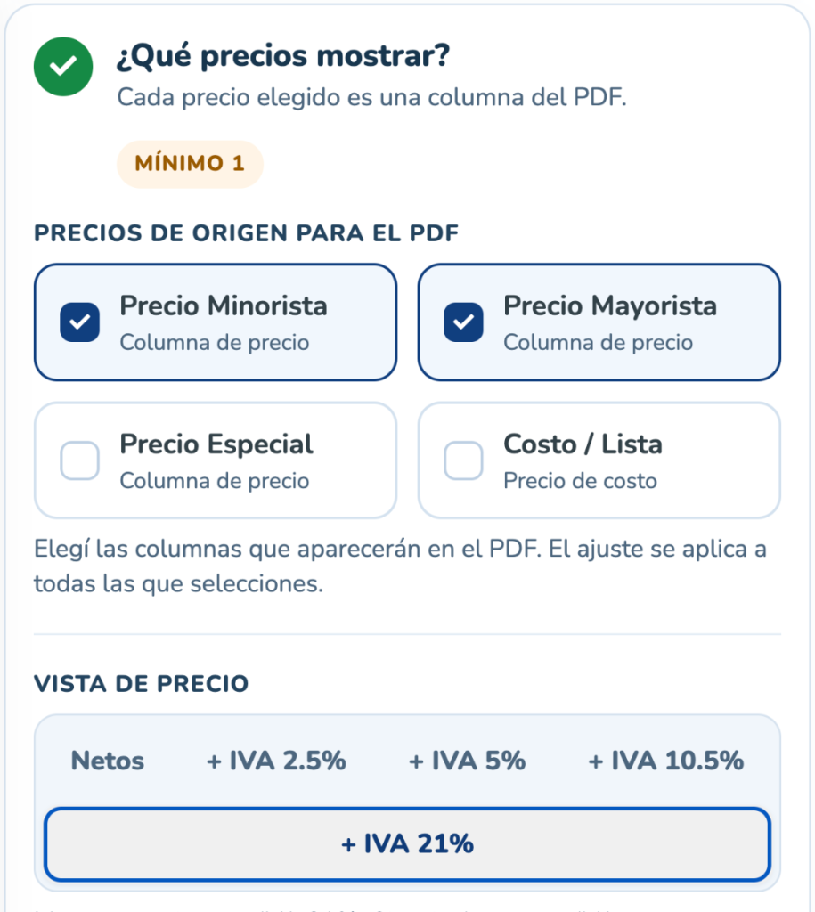Columnas minorista, mayorista, especial y costo, y opciones de vista de precio para el PDF