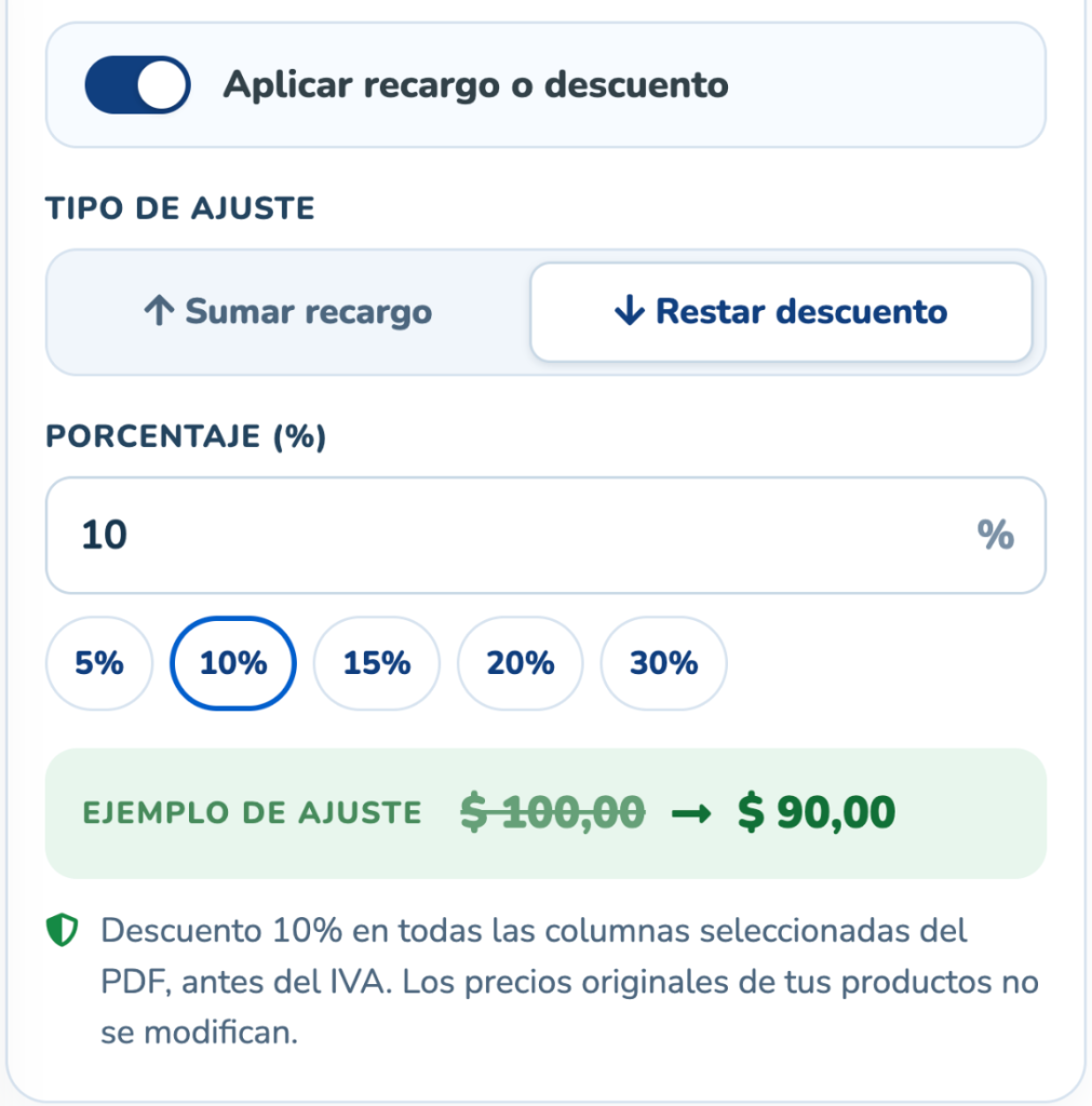 Descuento del diez por ciento para una lista PDF con ejemplo de cien a noventa pesos
