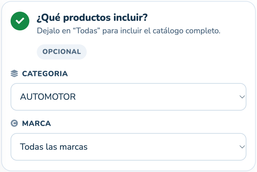 Selección de categoría y marca para incluir productos en una lista PDF