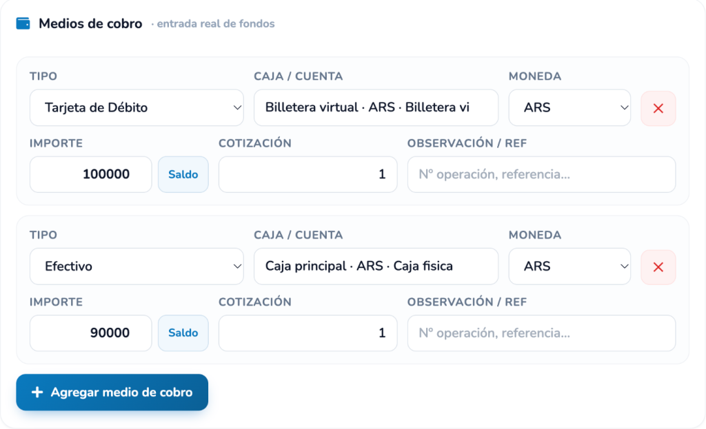 Dos medios en un cobro: débito por cien mil pesos y efectivo por noventa mil pesos