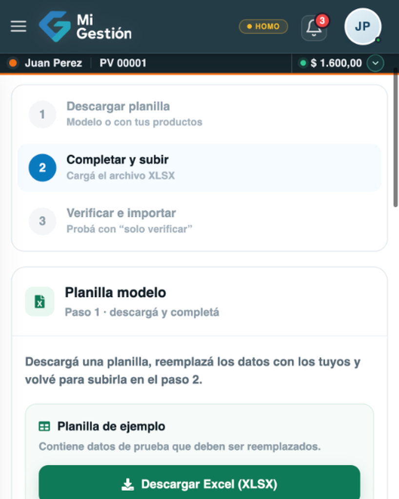 Tres pasos de importación de productos: descargar, completar y subir, verificar e importar