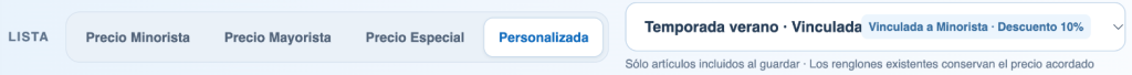 Selector Personalizada en una venta con la lista Temporada verano vinculada a Minorista