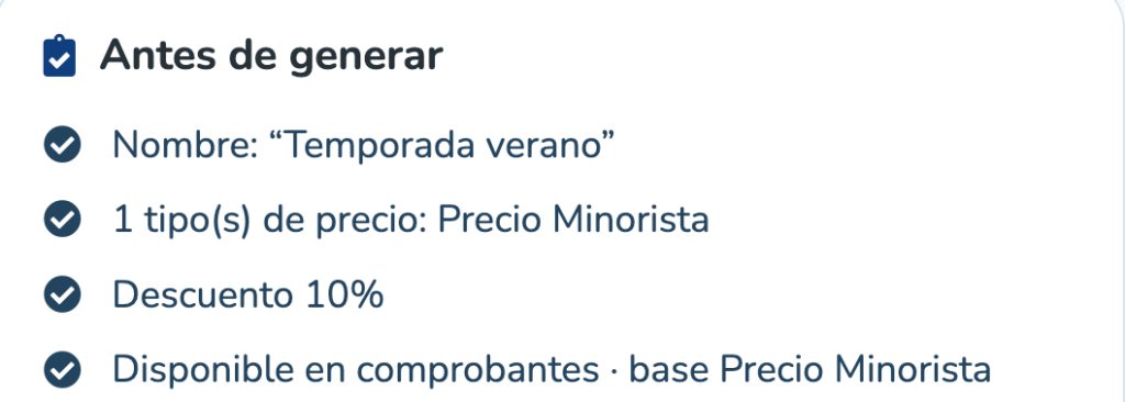 Resumen de lista Temporada verano con descuento del diez por ciento y uso en comprobantes