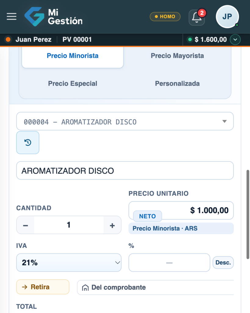 Renglón de un remito con el botón de historial junto al artículo y su precio unitario