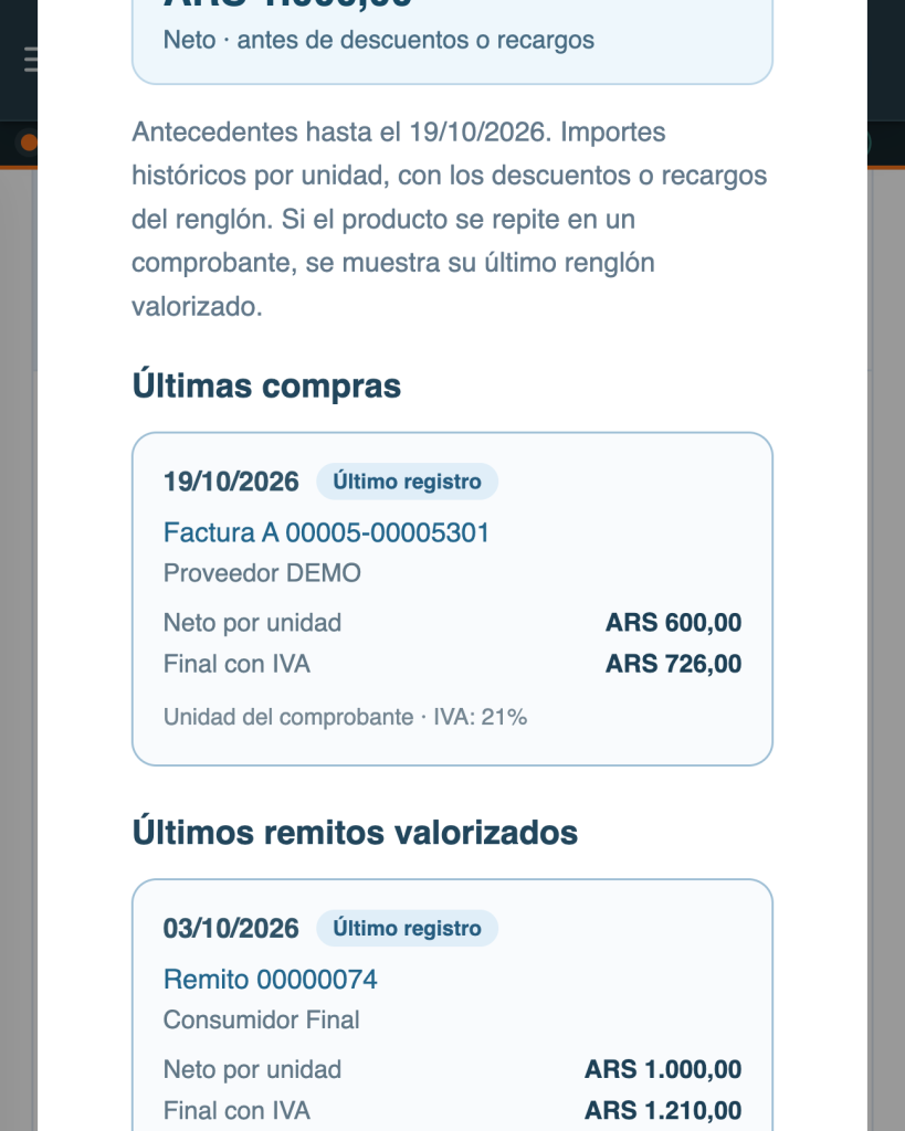 Historial con última compra y último remito valorizado, precios netos y finales por unidad
