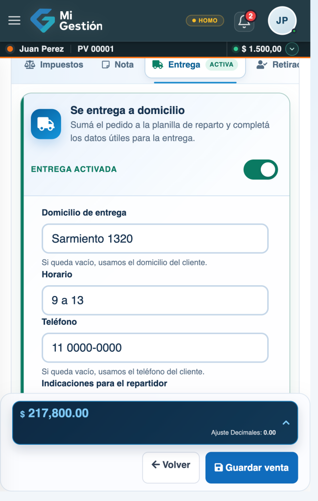 Pestaña Entrega con entrega a domicilio activada, domicilio y horario de ejemplo